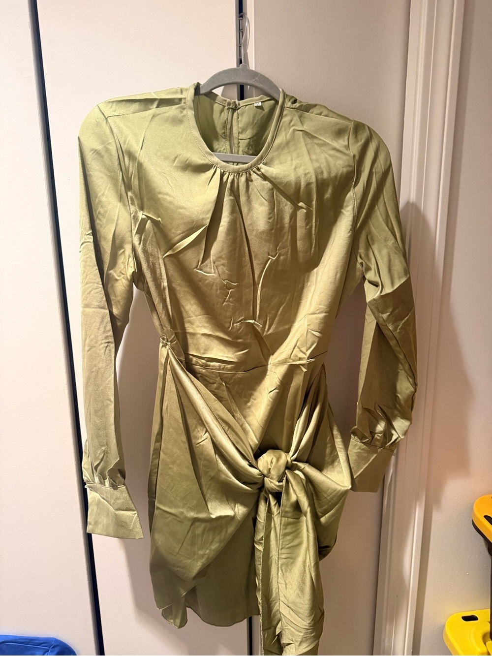 Source Unknown Olive Green Satin Tie-Waist Long Sleeve Tunic